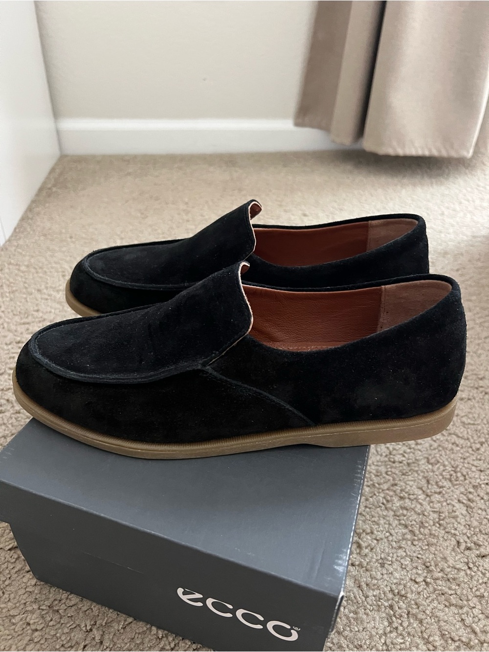 Noyon Black Suede Slip-On Loafers with Brown Rubber Sole